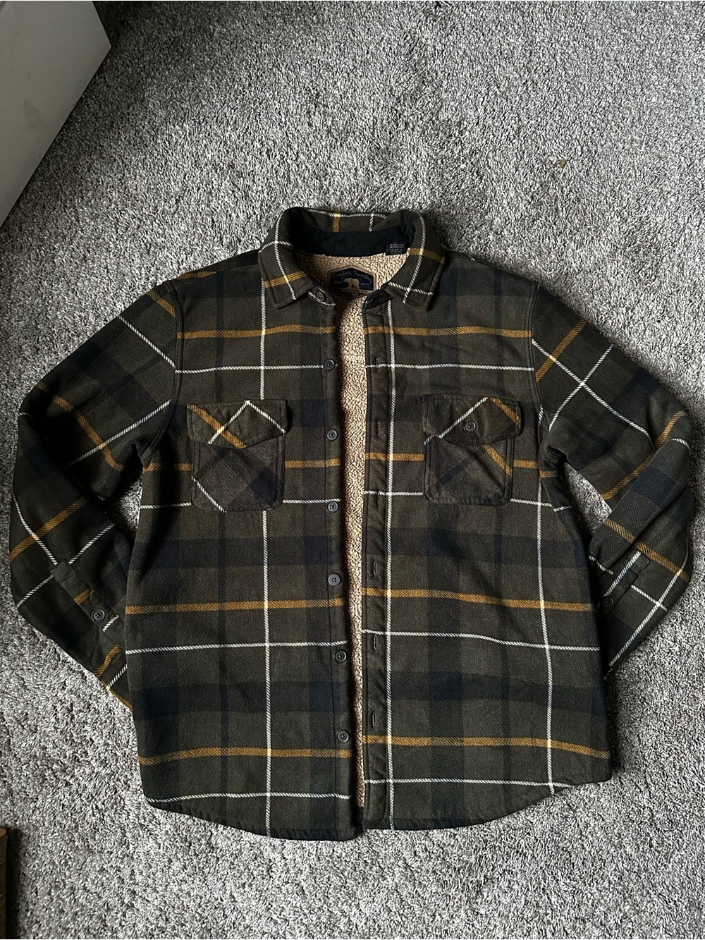 Plaid Sherpa-Lined Shirt Jacket in Olive & Brown